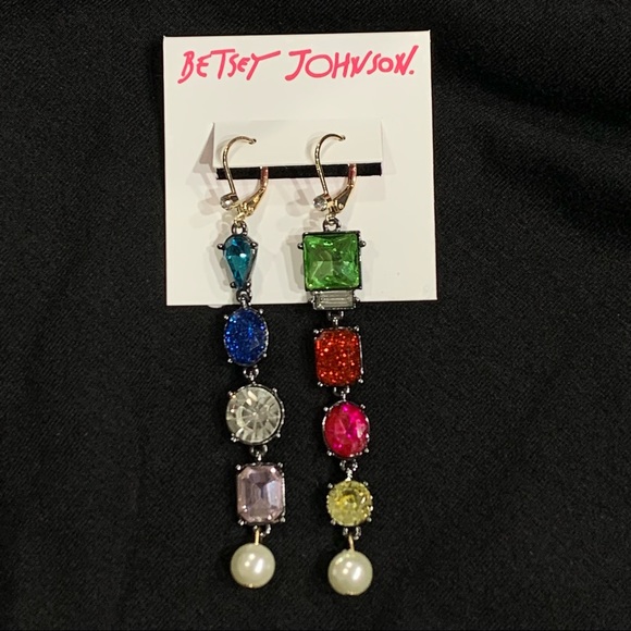 Betsey Johnson Jewelry - BETSEY JOHNSON Multi-Color “Gemstones” LONG EARRINGS! Rainbow Glitter Pearls NWT